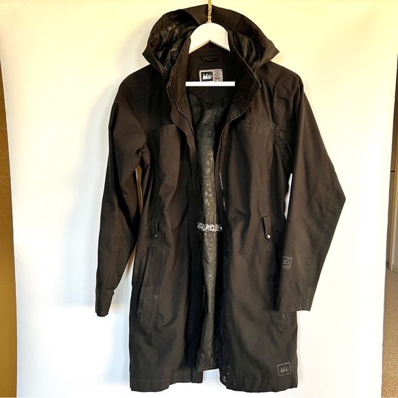 REI E1 Elements Black Trench Coat w/ Detachable Hood - Picture 10 of 11